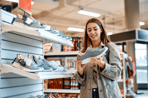 Shopper reviewing sports shoes, highlighting AI-based demand forecasting and accurate prediction of future demand.