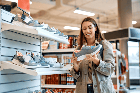 Shopper reviewing sports shoes, highlighting AI-based demand forecasting and accurate prediction of future demand.