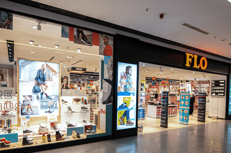 A FLO shoe store with digital displays, highlighting AI in demand forecasting to optimize inventory levels and predict demand.