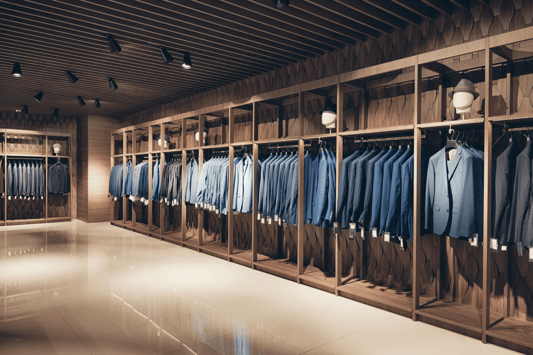 A retail clothing store showcasing a well-organized collection of men's suits on display racks, illustrating a successful brick-and-mortar partnership focused on enhancing the in-store shopping experience.