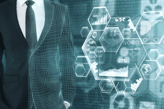 A digitally enhanced business suit overlaid with data visualizations and performance charts, symbolizing the intersection of strategic retail partnerships and data-driven merchandising that supports mutual growth, customer insights, and enhanced brand collaboration.