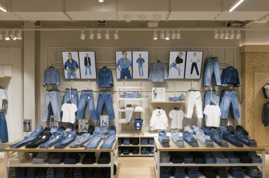 Organized denim and apparel display showing effective inventory optimization in fashion retail.