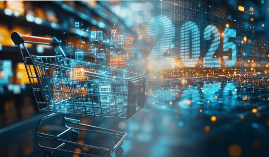 A futuristic shopping cart with AI-driven data visuals, representing retail demand planning in 2025 and the shift to AI-powered solutions
