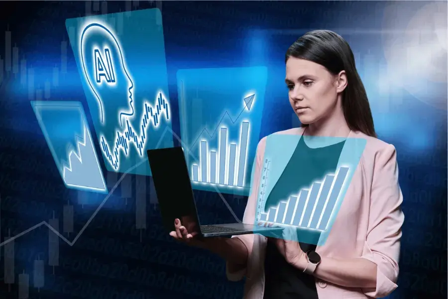 Businesswoman using demand forecasting software with real-time data and predictive analytics tools.