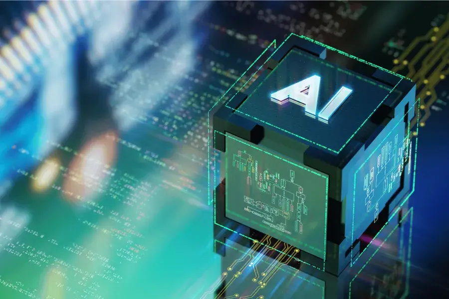 3D illustration of agentic AI in enterprise, featuring a futuristic cube with circuit diagrams.