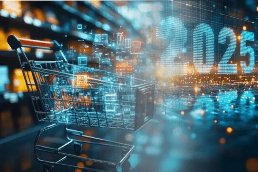 A futuristic shopping cart with AI-driven data visuals, representing retail demand planning in 2025 and the shift to AI-powered solutions