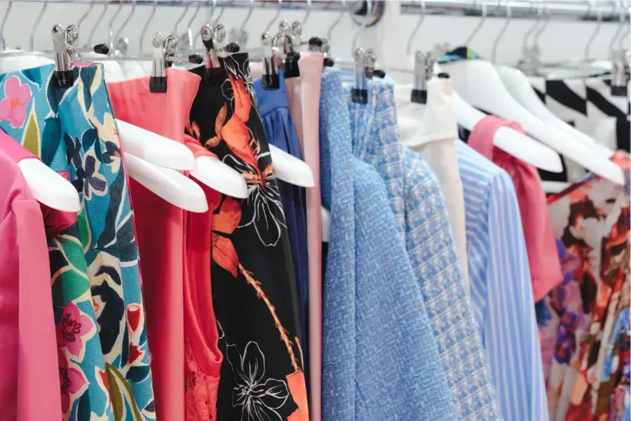 lose-up of colorful patterned dresses on hangers in a retail store, representing inventory levels and the importance of days of inventory in managing stock and optimizing cash flow.