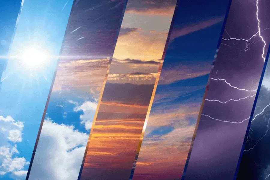 Collage depicting diverse weather conditions (sun, clouds, lightning) to illustrate the challenges of retail demand forecasting. Effective demand forecasting solutions, including the use of weather data, are essential for supply chains to create accurate forecasts, optimize inventory, and avoid lost sales. 