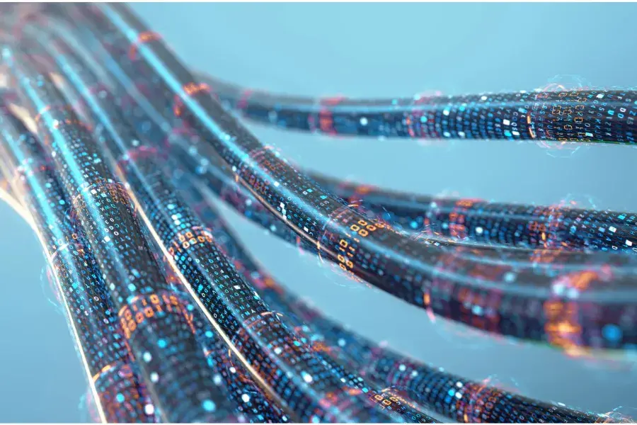 Visual representation of agentic AI architecture, showing dynamic data streams enabling real-time decision-making and coordination.