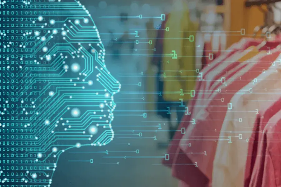 AI-powered retail demand planning concept with a digital human profile and data streams analyzing inventory trends in a clothing store