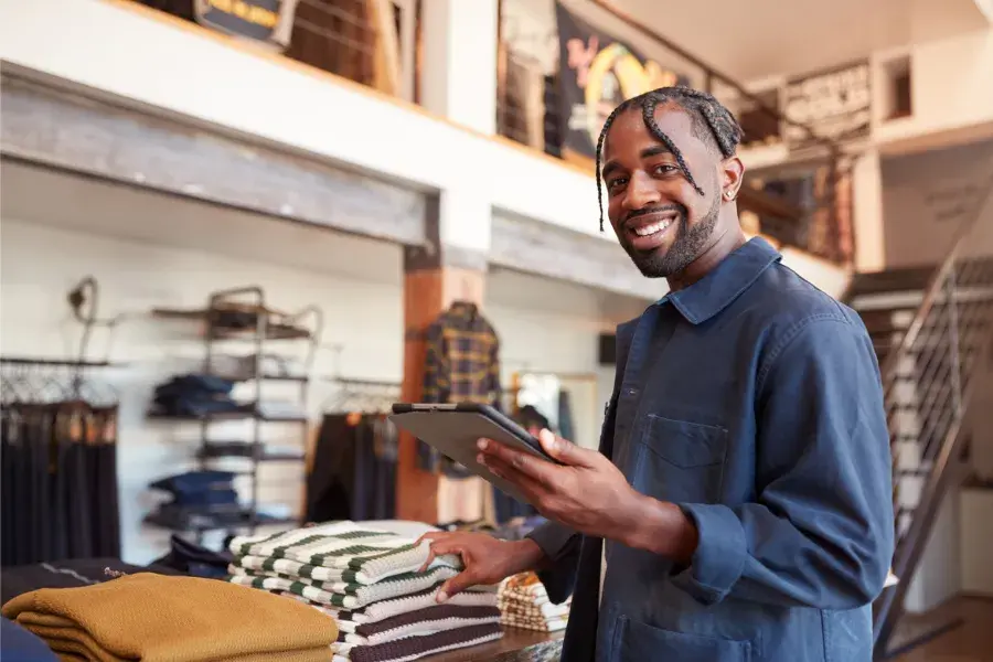 Retail employee smiling while managing folded inventory using a tablet, representing the use of multi-agentic AI and AI in retail to support store execution, inventory planning, demand forecasting, and adaptive retail strategies powered by actual data and intelligent automation.