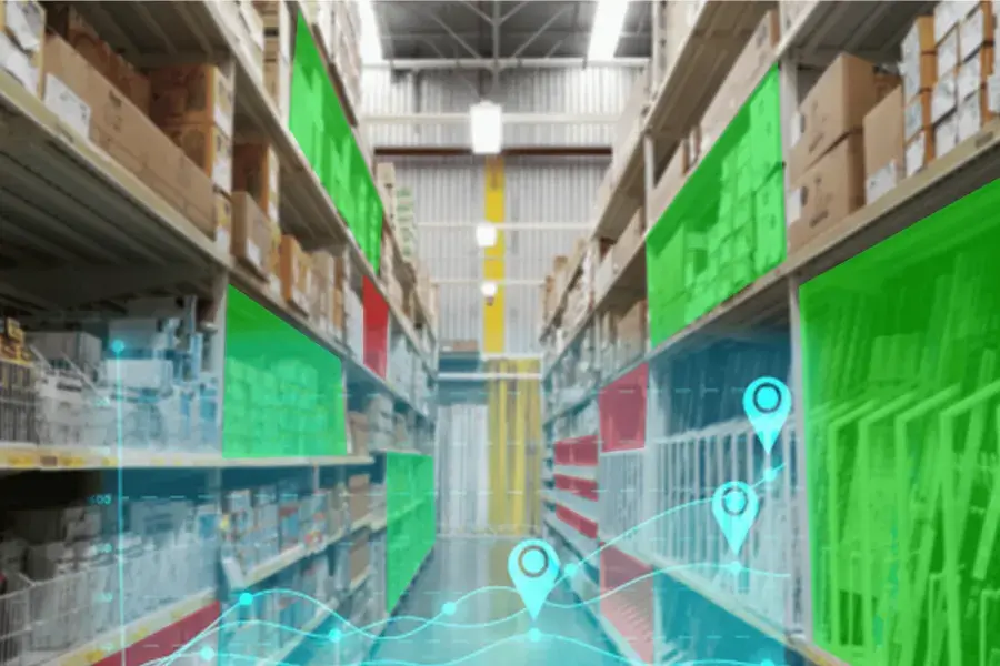 Warehouse aisle with inventory visualizations and data points highlighting stock levels and product locations, illustrating advanced inventory planning methods and demand forecasting in retail.