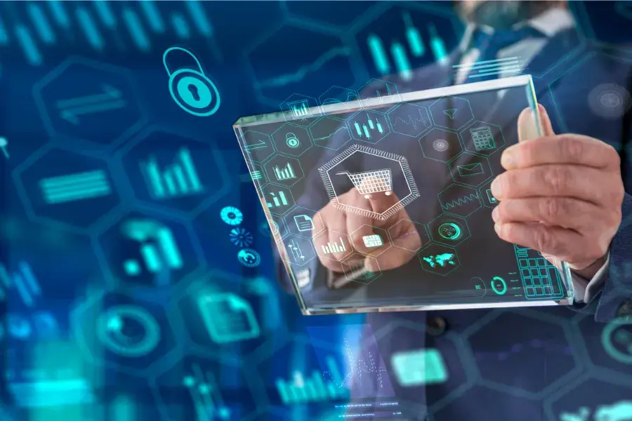 A business professional using a digital tablet with holographic retail icons and analytics, symbolizing advanced forecasting software for retail demand prediction, scenario planning, and enhanced forecasting capabilities.