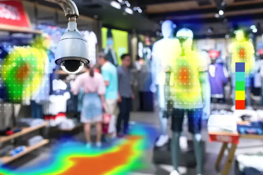 A retail store heatmap under surveillance camera illustrates demand planning and forecasting using AI, historical data analysis, and market trends to improve supply chain management, inventory, forecasting accuracy, and customer satisfaction.