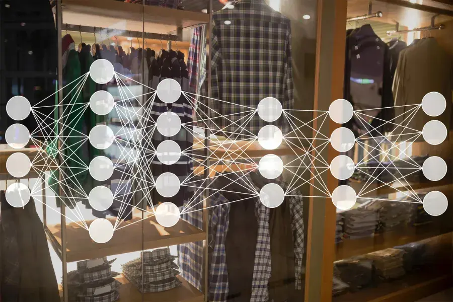 Visual of a retail store with a digital neural network overlay, representing the integration of AI-powered financial forecasting software to analyze market trends, optimize sales forecasting, and drive strategic planning.