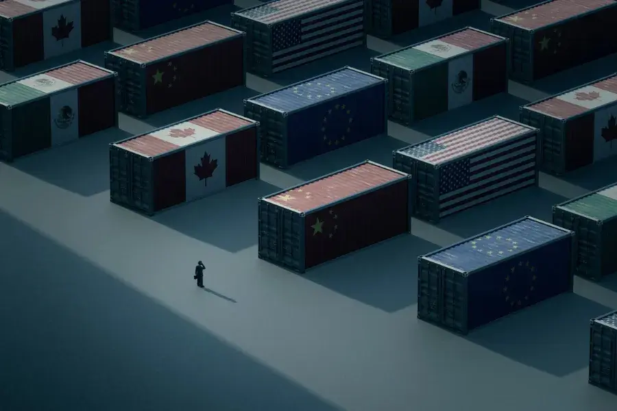 A lone person walks among shipping containers painted with flags of major trading nations, symbolizing retail pricing challenges driven by trade tariffs, tariff barriers, and the impact of tariffs on imports, trade war tensions, and global trade dynamics affecting the global economy, profit margins, competitor pricing, and international trade policies like Trump tariffs and reciprocal tariffs.