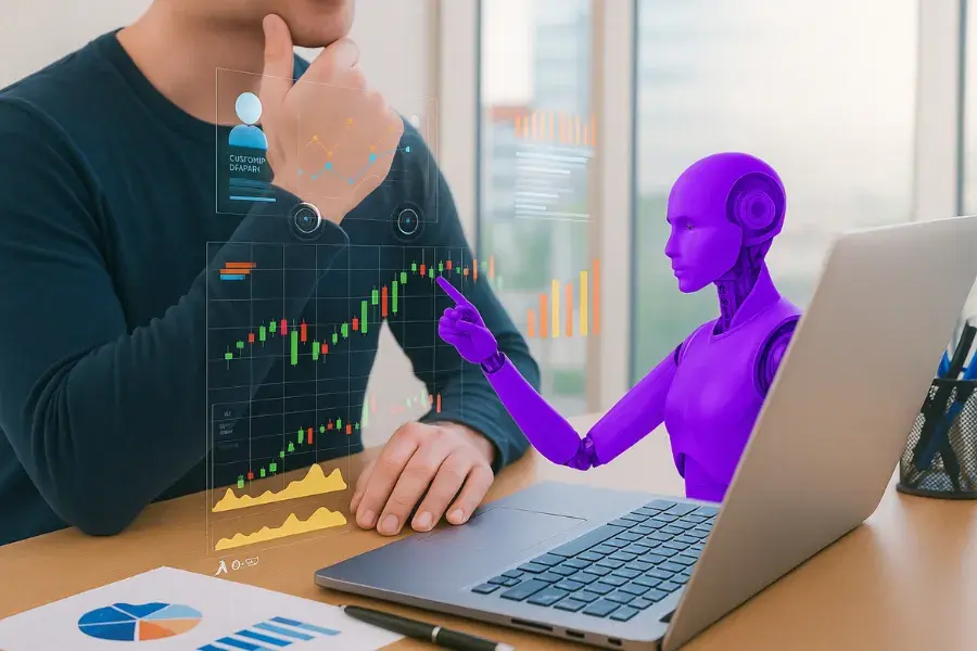 A professional interacts with a holographic dashboard assisted by a purple robot, symbolizing agentic AI. The image illustrates automation, analytics, and decision-making powered by AI agents, machine learning, and natural language processing, enhancing security, workflow optimization, and digital transformation in supply chain management.