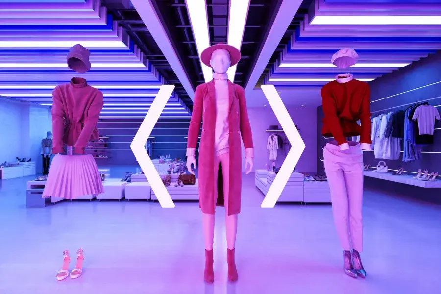 Futuristic fashion store display with mannequins, representing AI forecasting and personalized retail planning.