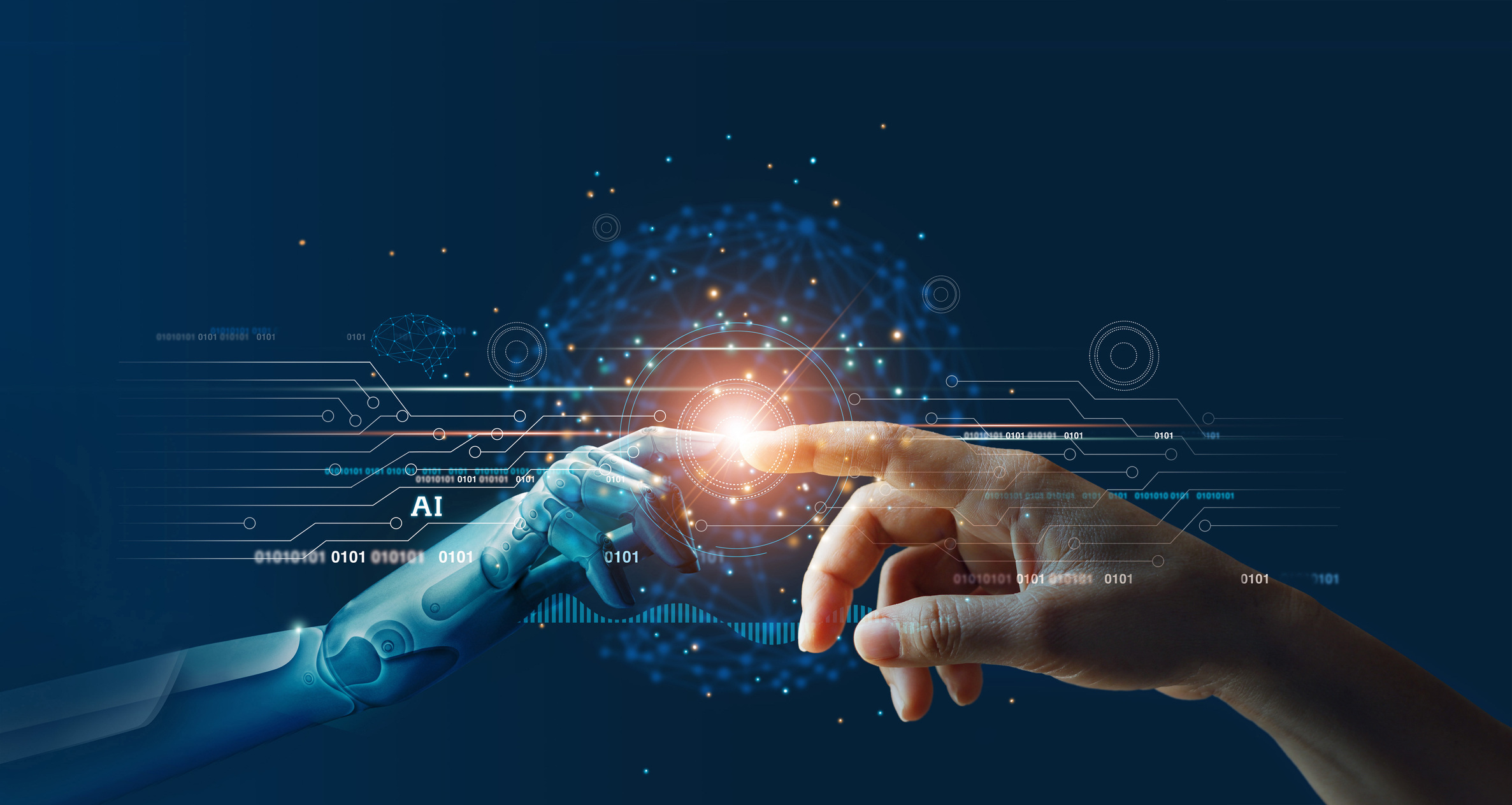 A human and robot hand connect, symbolizing the role of AI in shaping the future of retail decision-making