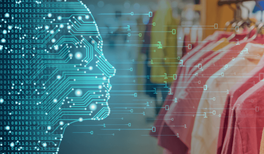 AI-powered retail demand planning concept with a digital human profile and data streams analyzing inventory trends in a clothing store