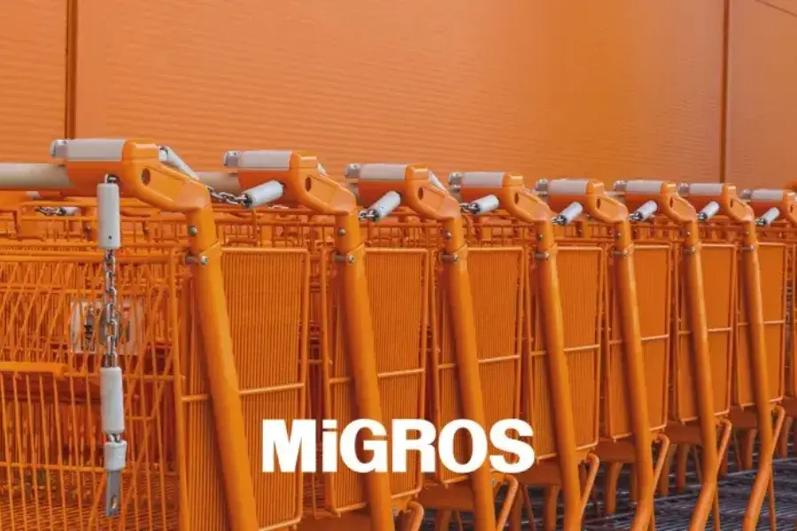 A row of orange shopping carts symbolizes inventory analytics, helping inventory managers track inventory levels, optimize stock levels, and use ABC analysis and VED analysis for effective inventory management in the supply chain.