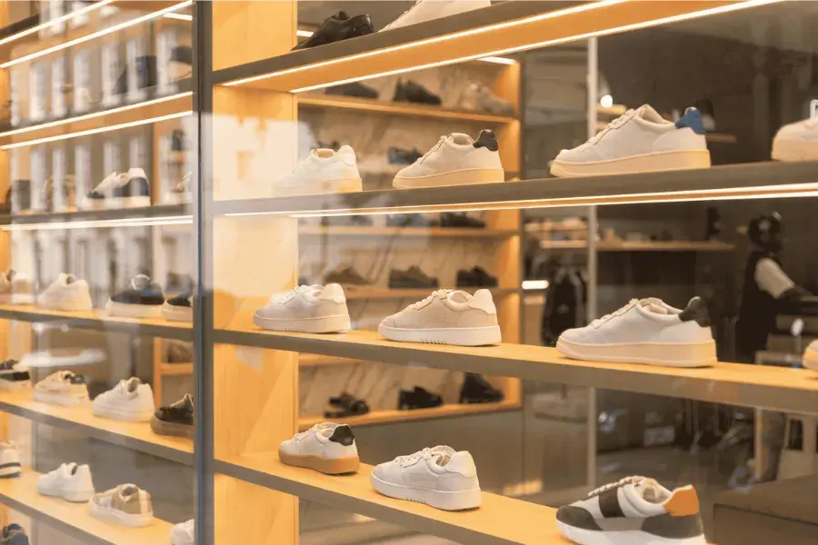 Modern shoe display window reflecting streamlined retail inventory and sales-focused product planning.