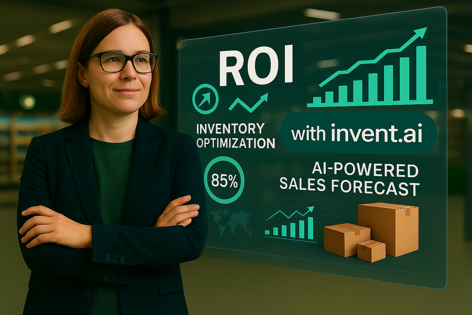 Business professional standing beside a digital display showing metrics like inventory optimization and AI-powered sales forecasting, illustrating the ROI of agentic AI through autonomous decision-making, data analysis, and automation that enhance supply chain, productivity, and profitability