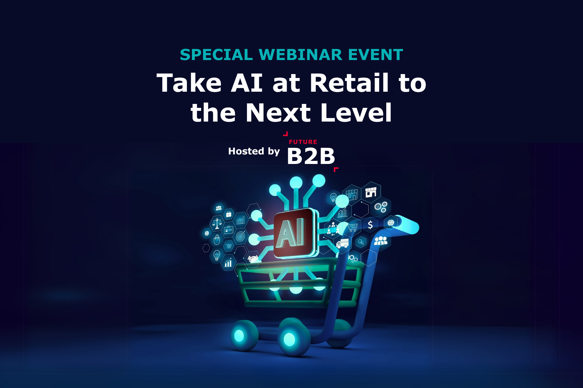 Webinar promo image featuring a glowing shopping cart and AI icon, representing retail technology and AI in retail.