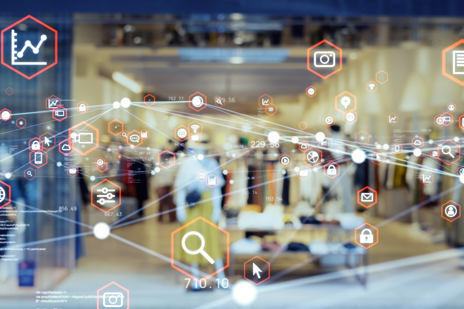 Retail store interface visualizing inventory analytics with metrics for inventory control, demand forecasting, and performance optimization.