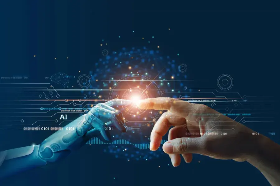 A human and robot hand connect, symbolizing the role of AI in shaping the future of retail decision-making