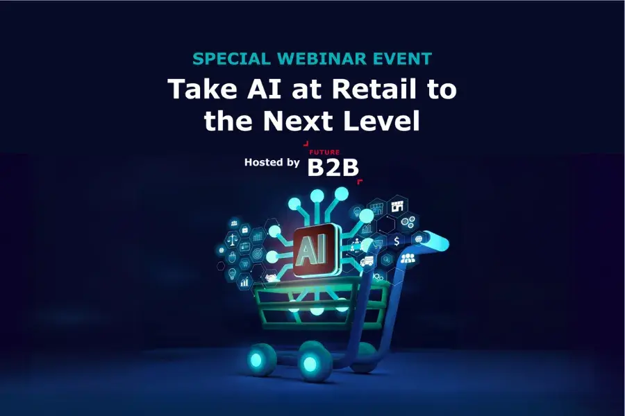 Webinar promo image featuring a glowing shopping cart and AI icon, representing retail technology and AI in retail.