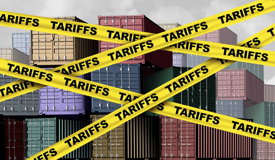 Shipping containers blocked by yellow 'Tariffs' tape, symbolizing the impact of tariffs on retail pricing and supply chain costs