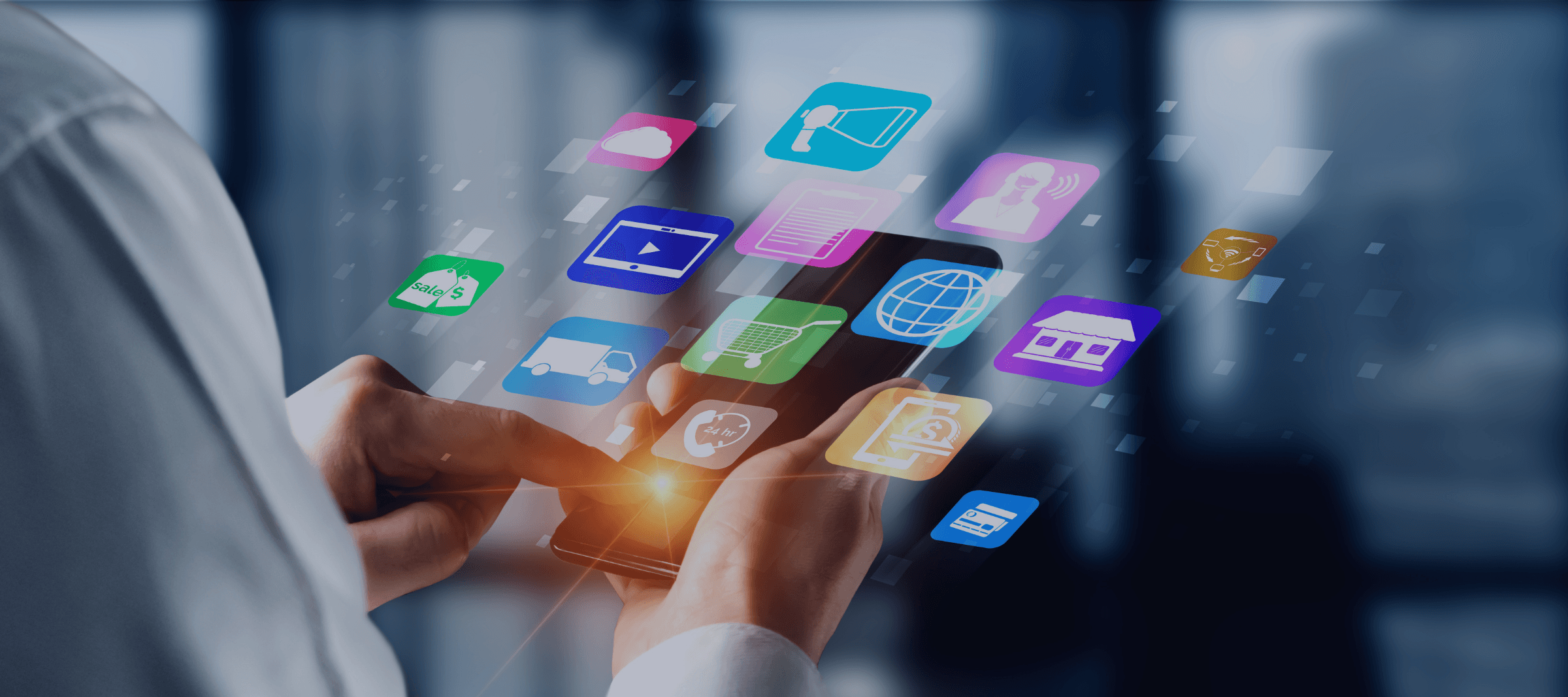 A person using a smartphone with floating icons, symbolizing the omnichannel customer experience across digital and physical channels.