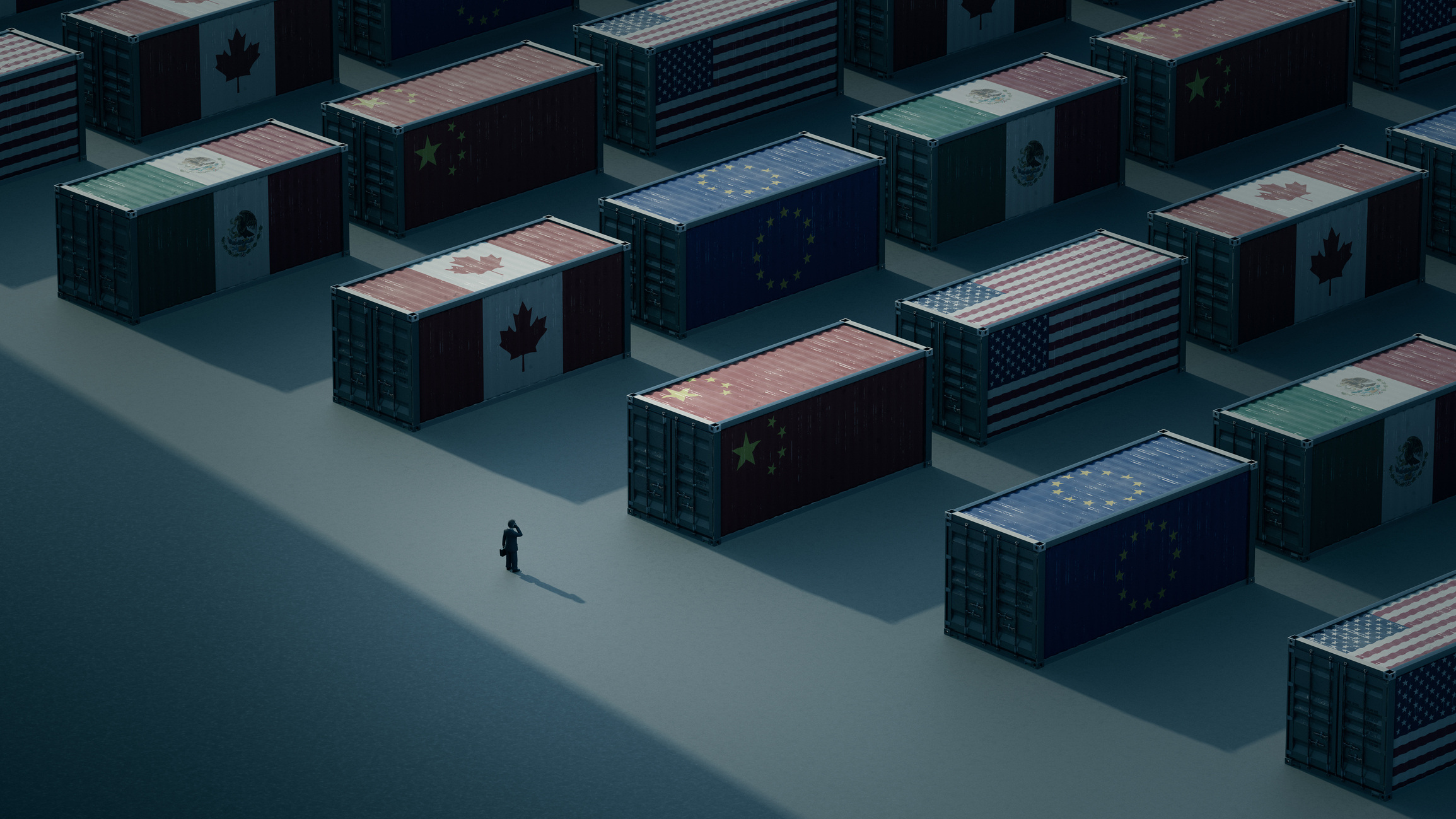 A lone person walks among shipping containers painted with flags of major trading nations, symbolizing retail pricing challenges driven by trade tariffs, tariff barriers, and the impact of tariffs on imports, trade war tensions, and global trade dynamics affecting the global economy, profit margins, competitor pricing, and international trade policies like Trump tariffs and reciprocal tariffs.