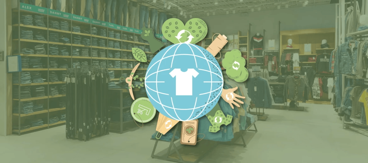 Retail store with sustainable returns-themed overlay, representing effective returns management, customer returns, and inventory management for handling returned products efficiently.