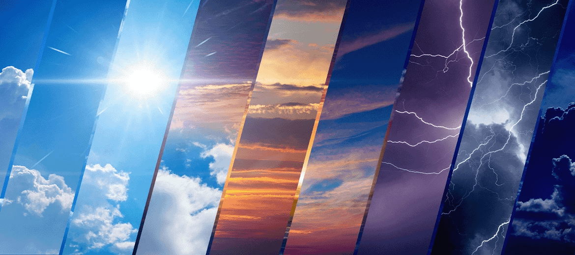 Collage depicting diverse weather conditions (sun, clouds, lightning) to illustrate the challenges of retail demand forecasting. Effective demand forecasting solutions, including the use of weather data, are essential for supply chains to create accurate forecasts, optimize inventory, and avoid lost sales. 